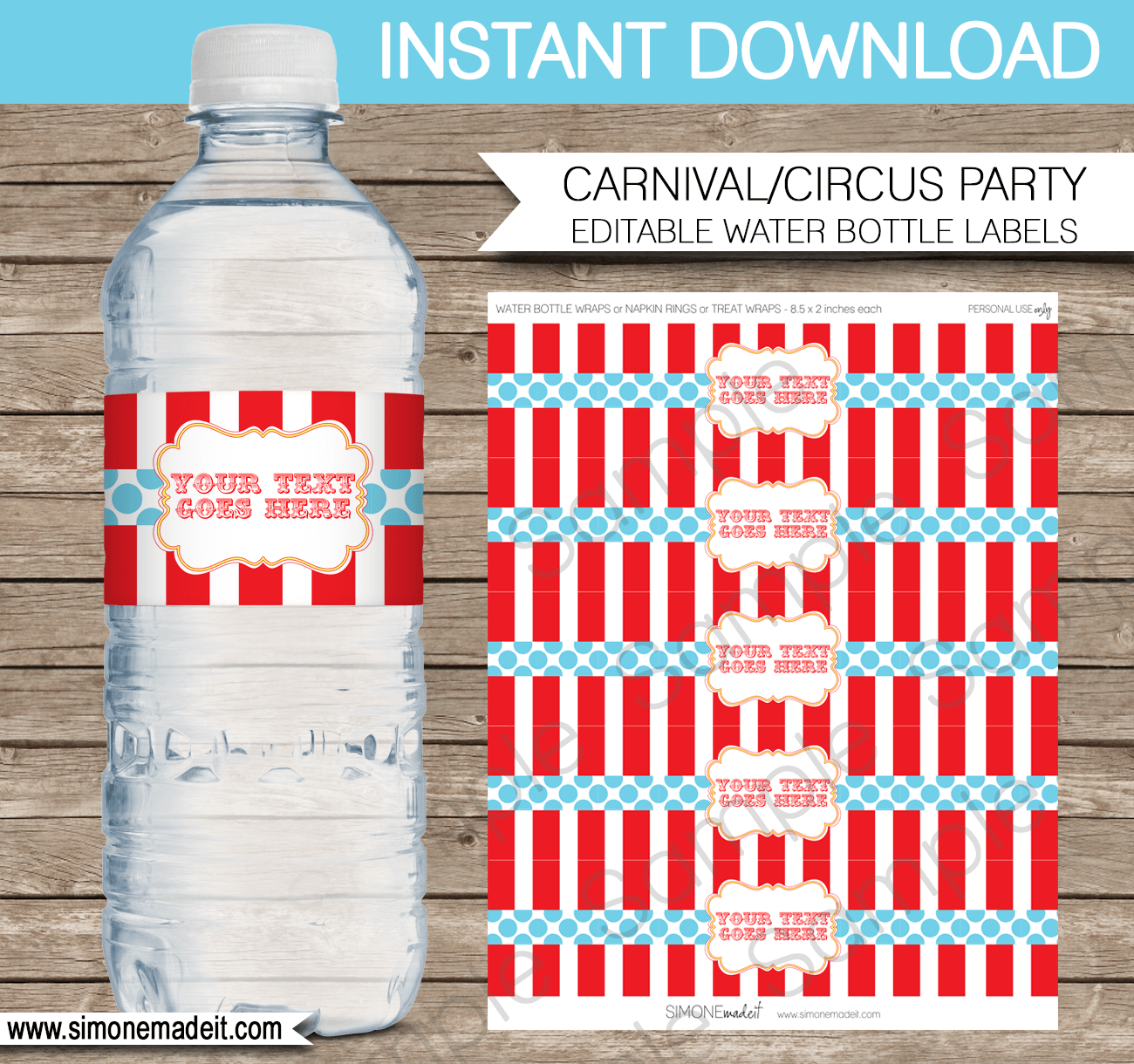 Circus themed Under The Big Top Personalized Water Bottle labels Digital File