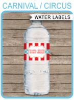 Circus Party Water Bottle Labels template – red/aqua