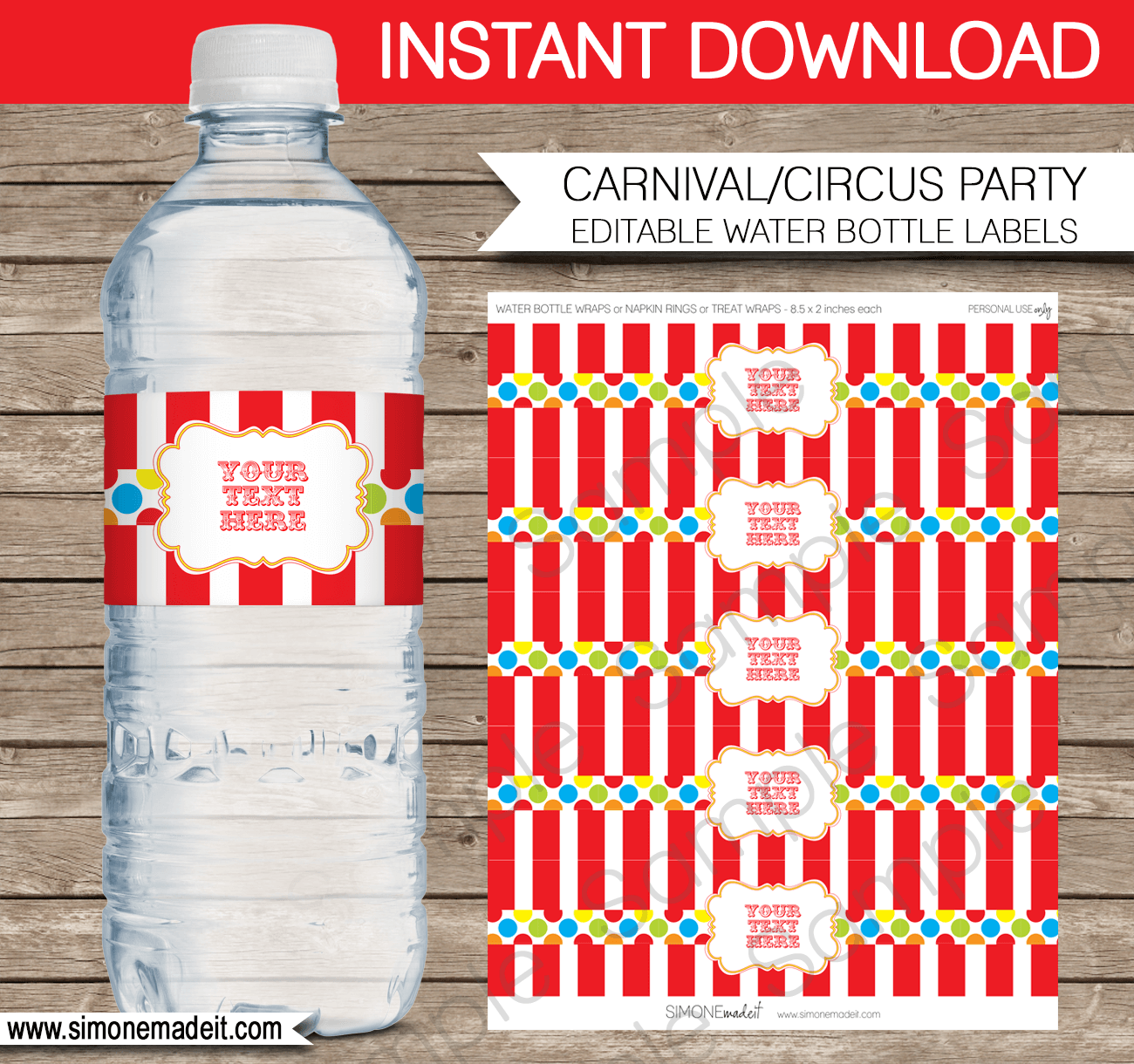 carnival party water bottle labels circus party decorations