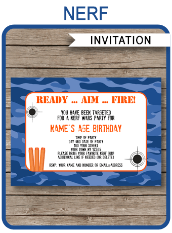 Nerf Party Invitations Template – blue camo