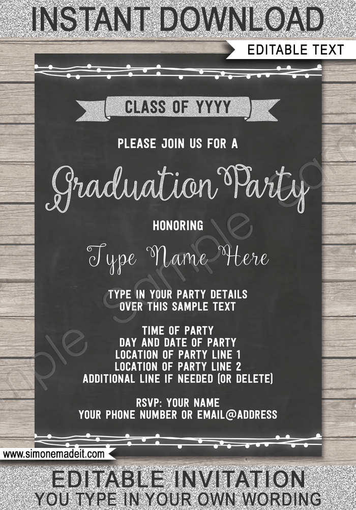 Graduation Party Invitation | Chalkboard and silver glitter | Printable High School Graduation Announcement | Editable & Printable DIY Template | INSTANT DOWNLOAD $7.50 via simonemadeit.com