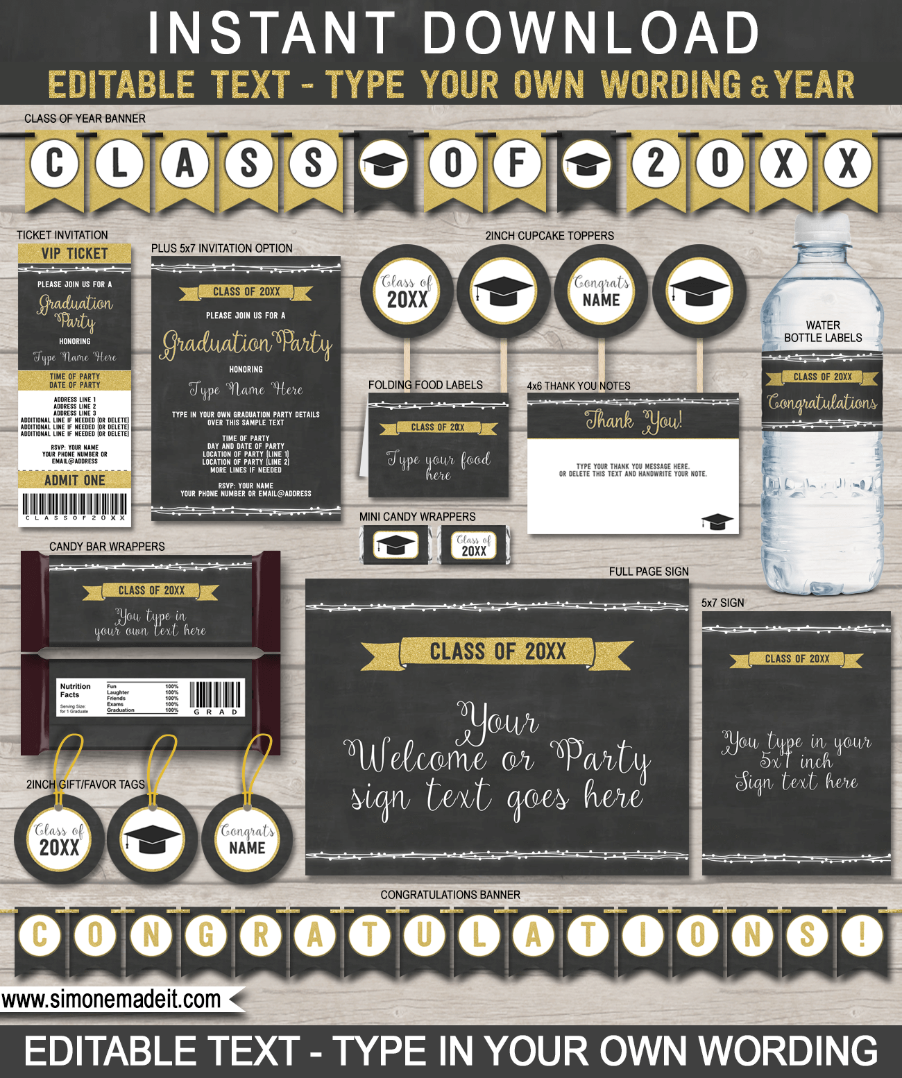 Graduation Party Printables, Invitations and Decorations | Gold Glitter & Chalkboard | Grad Announcement | Editable and Printable DIY Templates | 2019 Graduation | $12.50 INSTANT DOWNLOAD via SIMONEmadeit.com