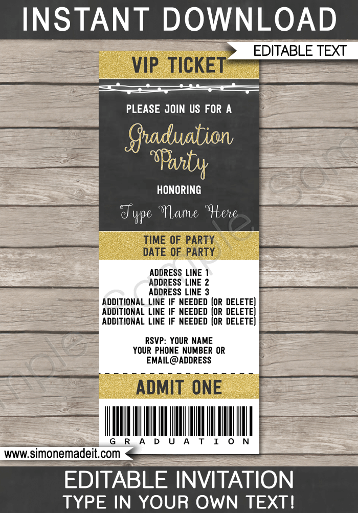 Graduation Party Ticket Invitations | High School Graduation Announcements | for any Year | Blackboard and Gold Glitter | Editable and Printable DIY Template | INSTANT DOWNLOAD $7.50 via SIMONEmadeit.com 