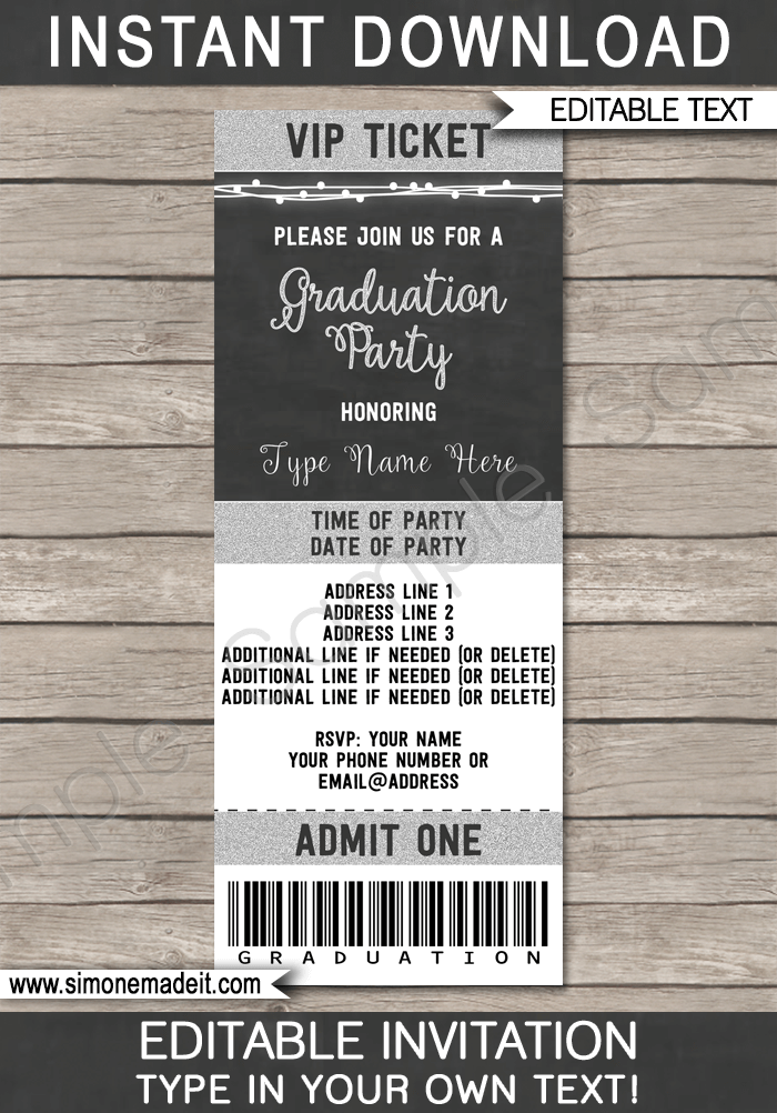 Silver Graduation Party Ticket Invitation | Printable High School Graduation Announcements | Chalkboard and Silver Glitter | for any Year | Editable and Printable DIY Template | INSTANT DOWNLOAD $7.50 via SIMONEmadeit.com 