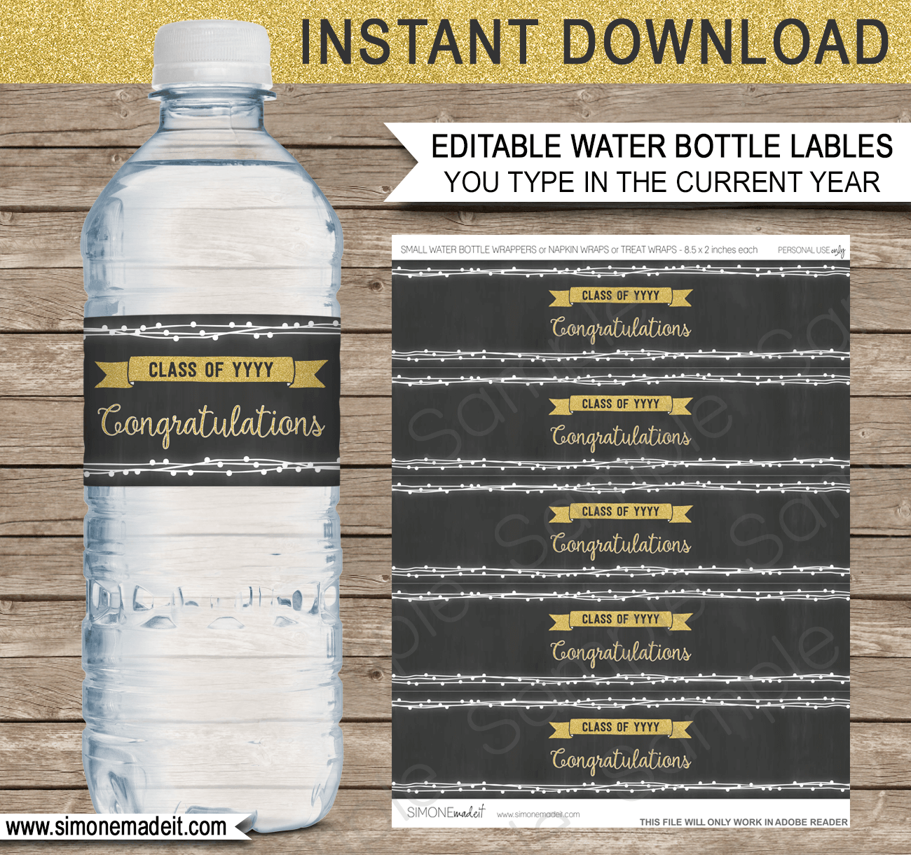 Graduation Party Water Bottle Labels | for any Year | High School Graduation Printable Decorations | Gold glitter & Chalkboard | Editable DIY Template | $3.00 INSTANT DOWNLOAD via SIMONEmadeit.com