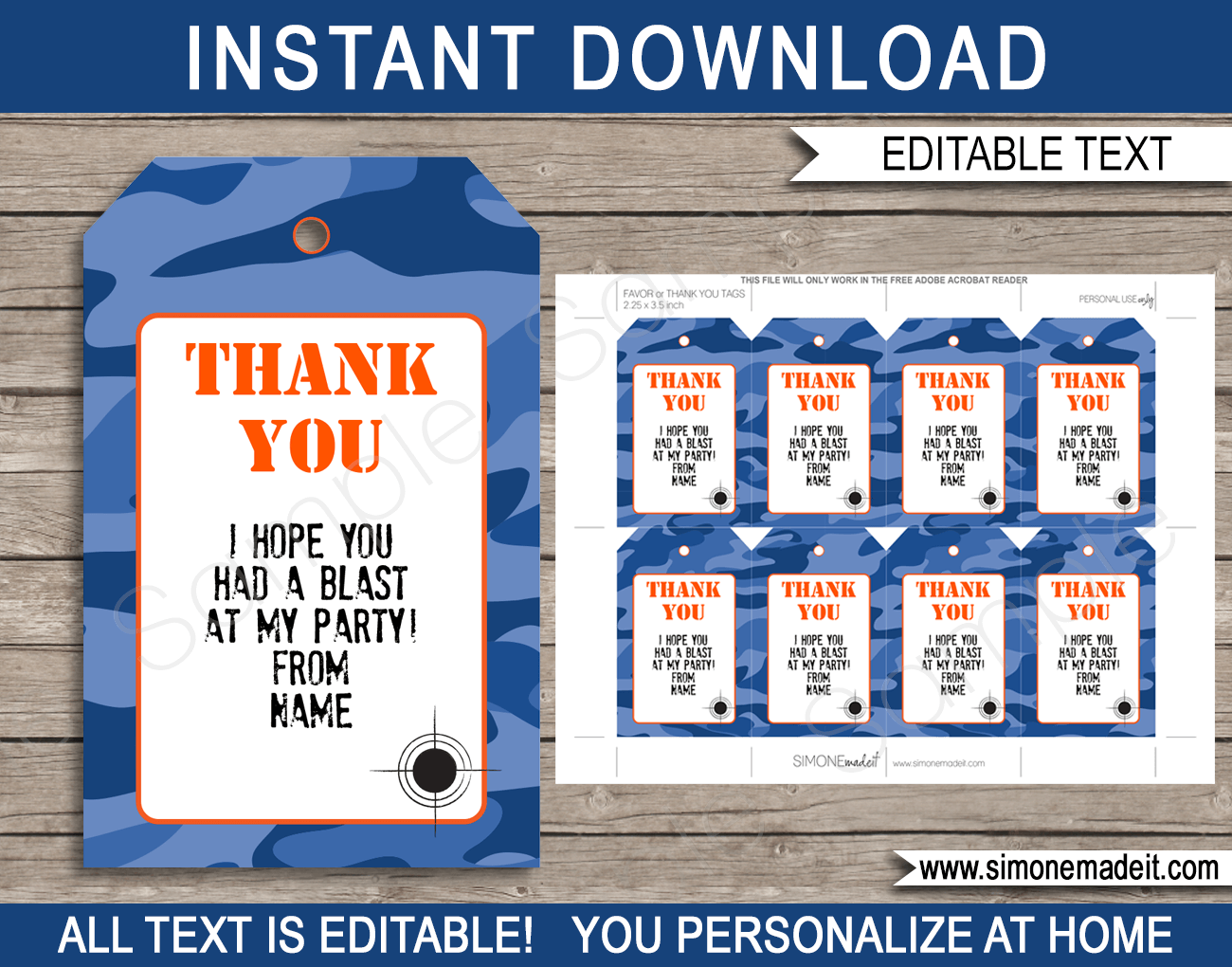 Nerf Birthday Party Favor Tags | Thank You Tags | Blue Camo | Editable & Printable DIY Template | $3.00 INSTANT DOWNLOAD via simonemadeit.com