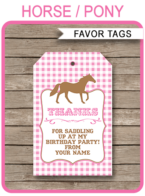 Horse or Pony Party Favor Tags template – pink