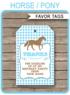 Pony or Horse Birthday Party Favor Tags template – blue
