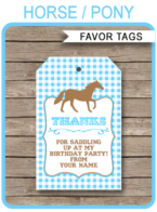 Blue Pony or Horse Birthday Party Favor Tags | Thank You Tags | Editable & Printable Template | Instant Download