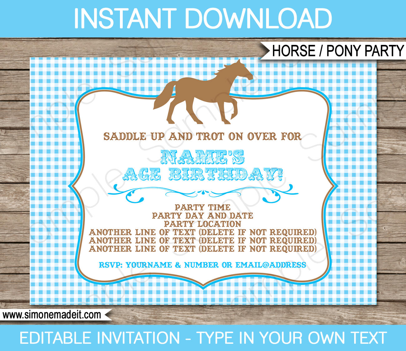 Blue Pony or Horse Party Invitations | Blue | Birthday Party | Editable & Printable DIY Template | $7.50 INSTANT DOWNLOAD via simonemadeit.com 