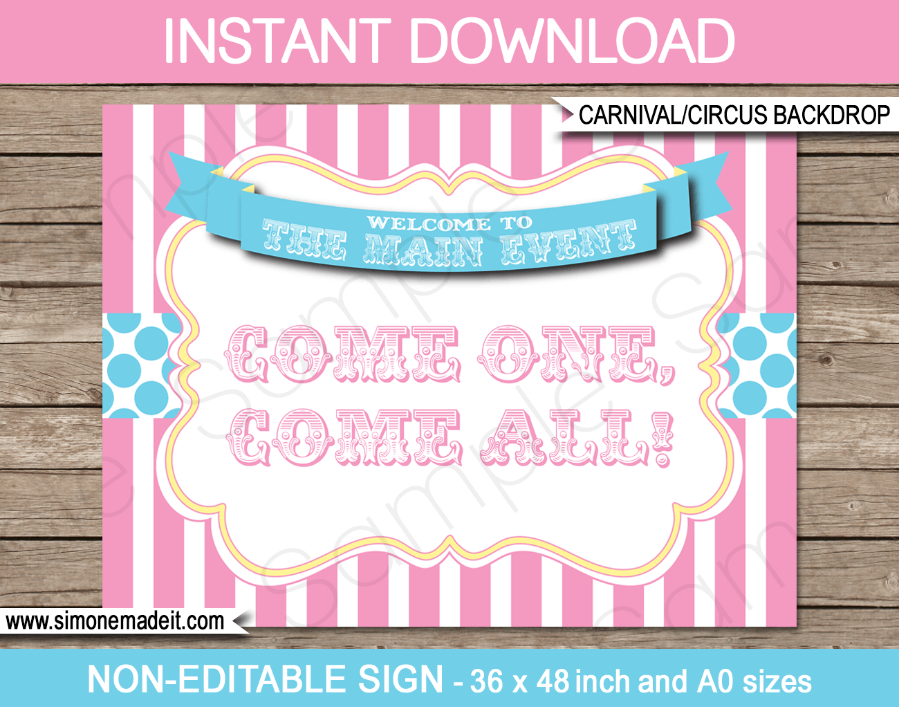 Printable Carnival Party Sign | Come One Come All | Circus Party | Pink Aqua | Decorations | DIY Template | INSTANT DOWNLOAD via simonemadeit.com