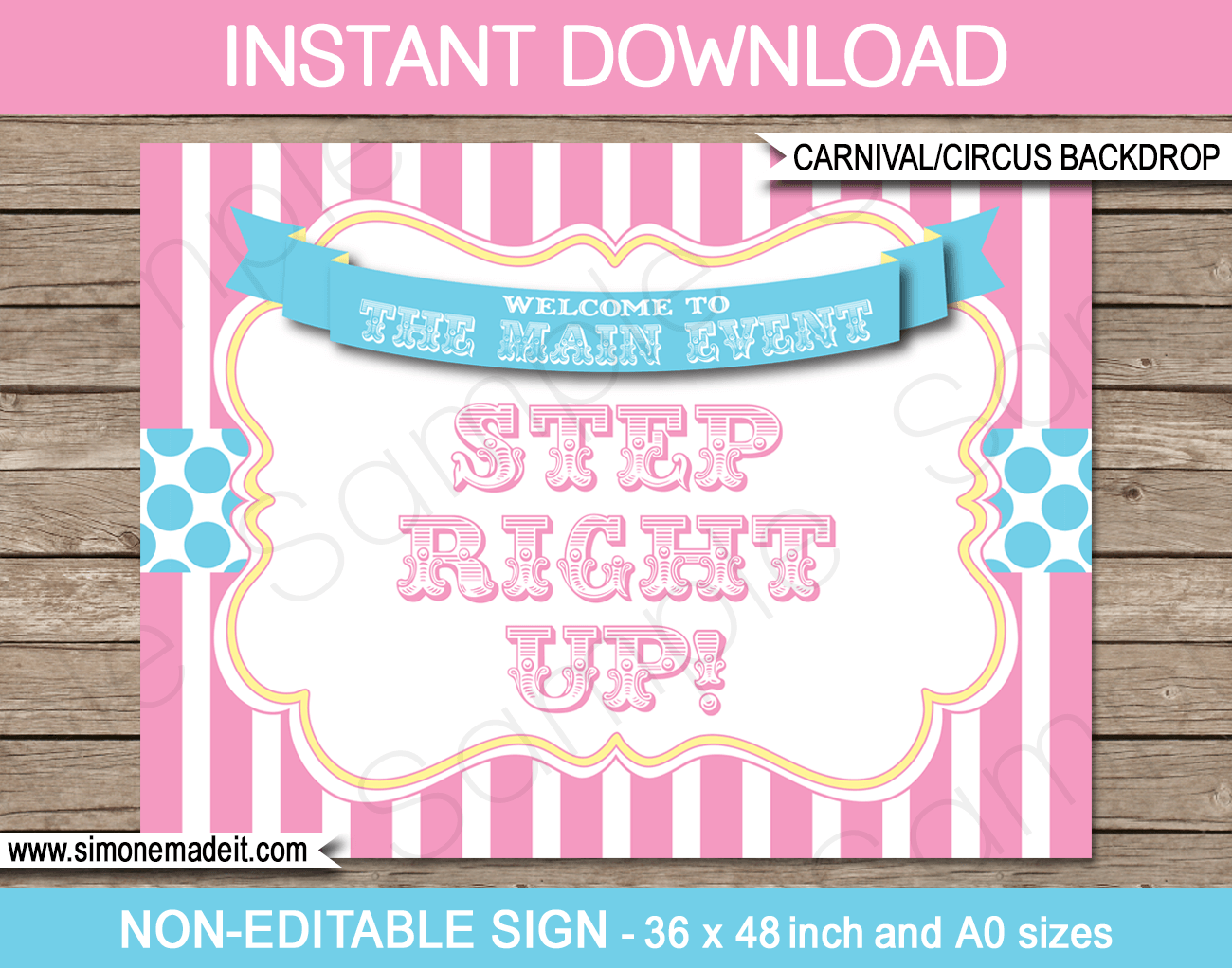 Pink & Aqua Printable Carnival Birthday Party Backdrop | Step Right Up | Circus Party | Decorations | DIY Template | INSTANT DOWNLOAD via simonemadeit.com