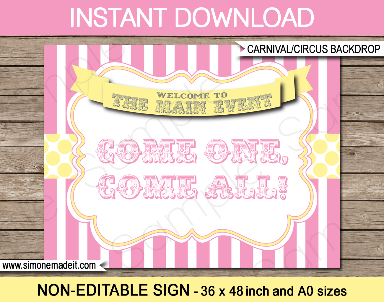 Printable Carnival Backdrop Sign | Come One Come All | Circus Party | Pink Yellow Decorations | DIY Template | INSTANT DOWNLOAD via simonemadeit.com