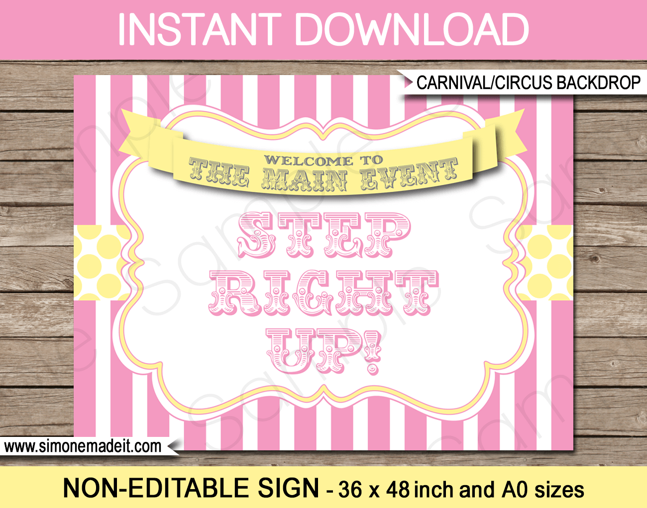 Printable Pink Carnival Backdrop | Step Right Up | Circus | Pink Yellow Party Decorations | DIY Template | INSTANT DOWNLOAD via simonemadeit.com