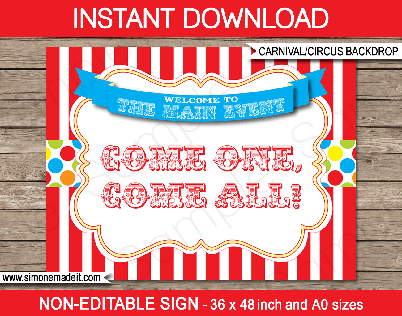 Printable Carnival Party Backdrop Sign | Come One Come All | Circus Party | Decorations | DIY Template | INSTANT DOWNLOAD via simonemadeit.com