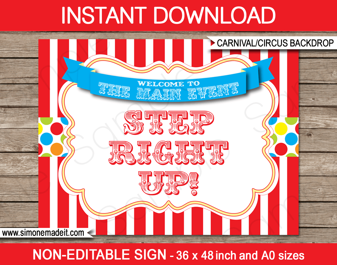 Printable Carnival Backdrop | Step Right Up | Circus Party | Decorations | DIY Template | INSTANT DOWNLOAD via simonemadeit.com