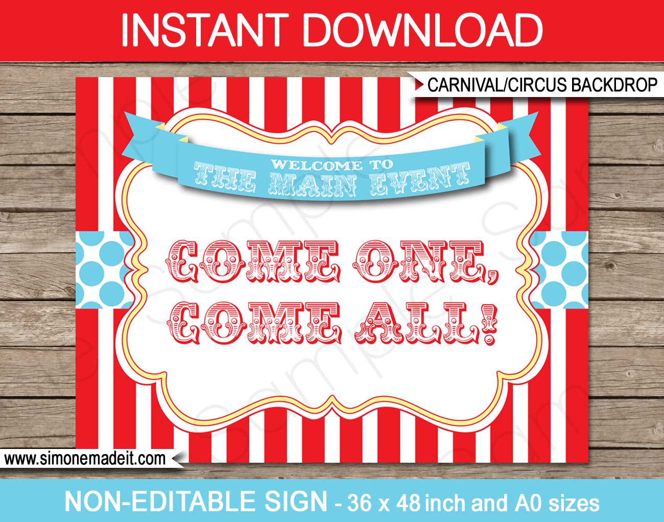 Printable Circus Party Backdrop Sign | Come One Come All | Carnival Party | Red Aqua Decorations | DIY Template | INSTANT DOWNLOAD via simonemadeit.com