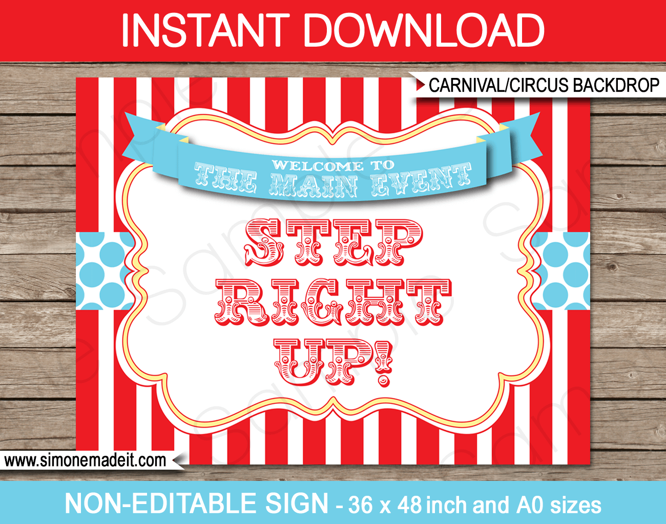 Printable Circus Backdrop Sign | Step Right Up | Carnival Party | Red Aqua | Decorations | DIY Template | INSTANT DOWNLOAD via simonemadeit.com