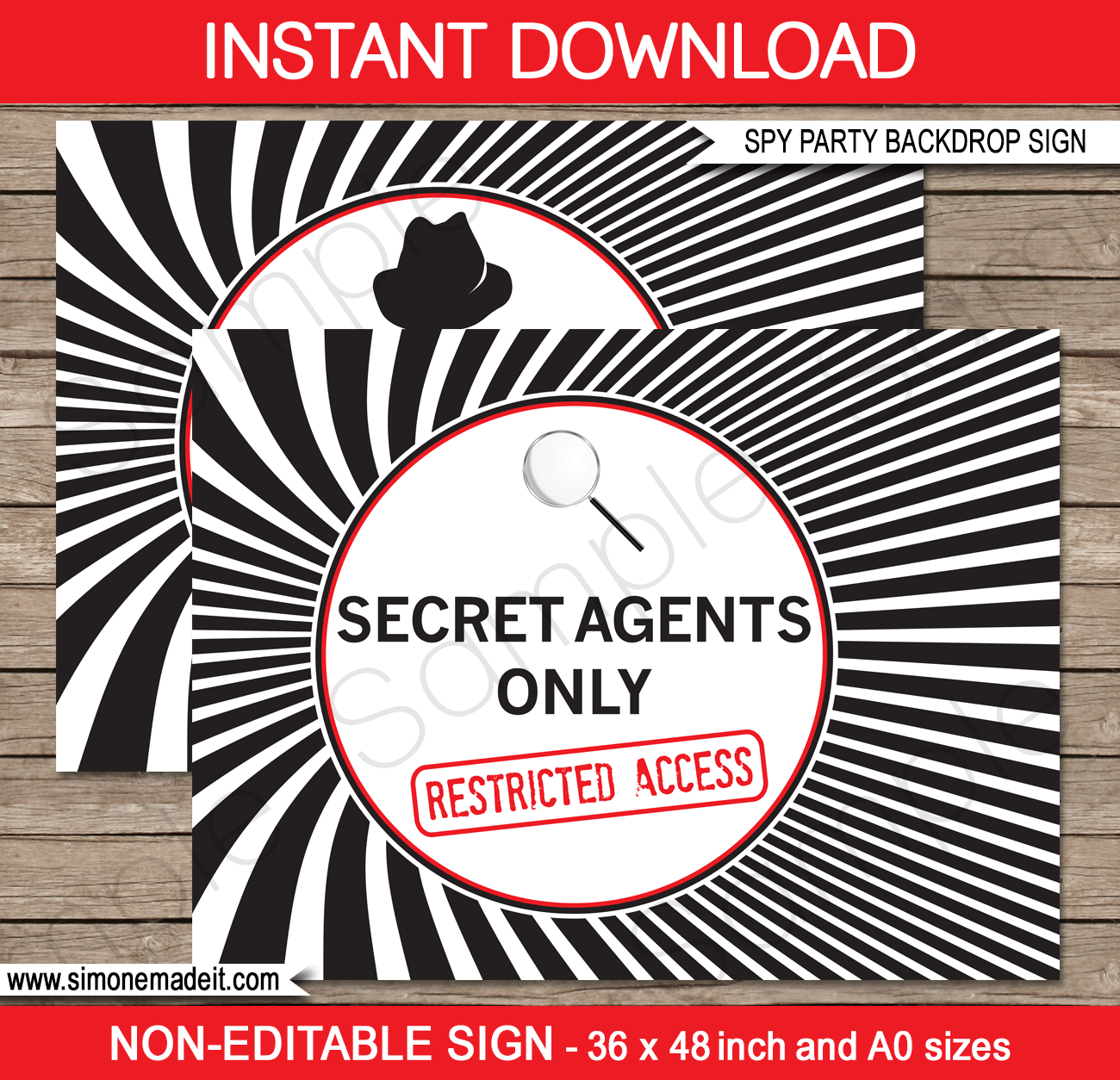 Spy Party Backdrop Sign | Secret Agents Only - Restricted Access | Printable DIY Template | Party Decorations | $4.50 Instant Download via SIMONEmadeit.com