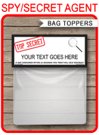 Spy Party Favor Bag Toppers | Secret Agent Birthday Party | Editable Template | Instant Download