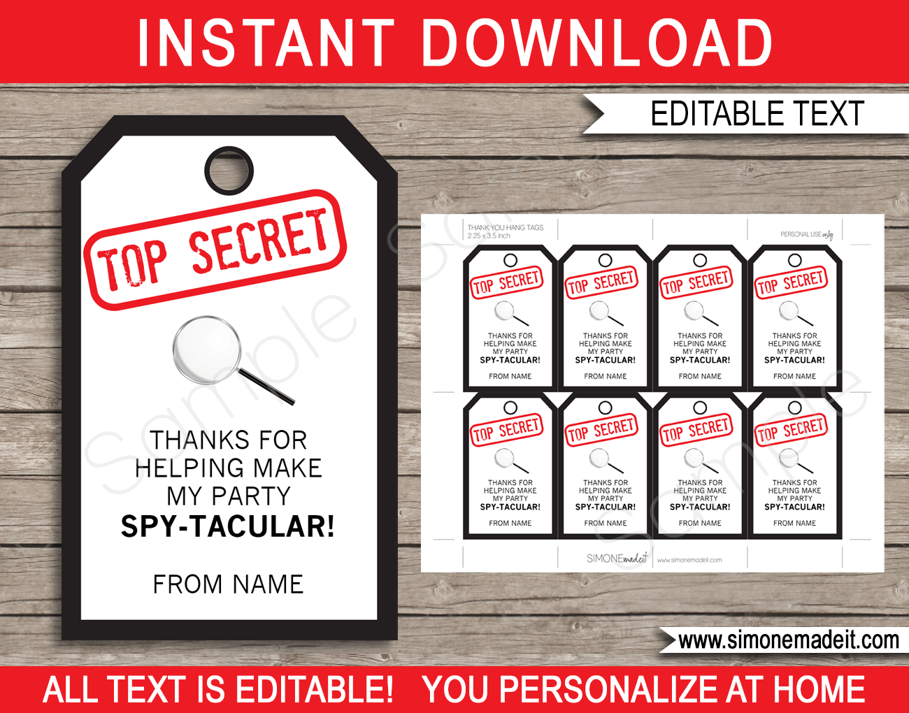 Printable Spy Party Favor Tags Template | Thank You Tags | Secret Agent Birthday Party | DIY Editable Text | INSTANT DOWNLOAD $3.00 via SIMONEmadeit.com