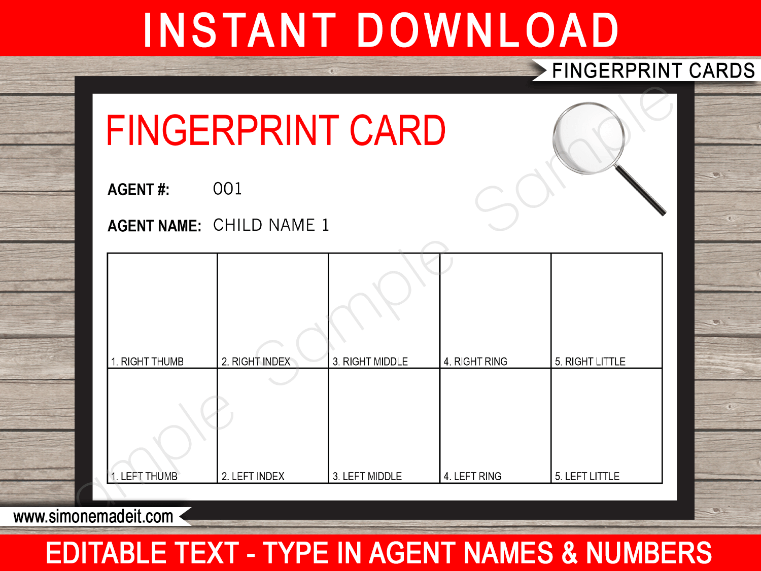 Spy Party Fingerprinting Card Template | Printable Secret Agent Fingerprint | Birthday Party Favors | DIY Editable Text | INSTANT DOWNLOAD $3.00 via SIMONEmadeit.com