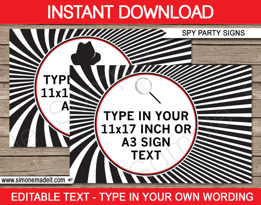 Printable Spy Party Signs Template | DIY Editable Text | Secret Agent Birthday Party Decorations | $4.00 Instant Download via SIMONEmadeit.com