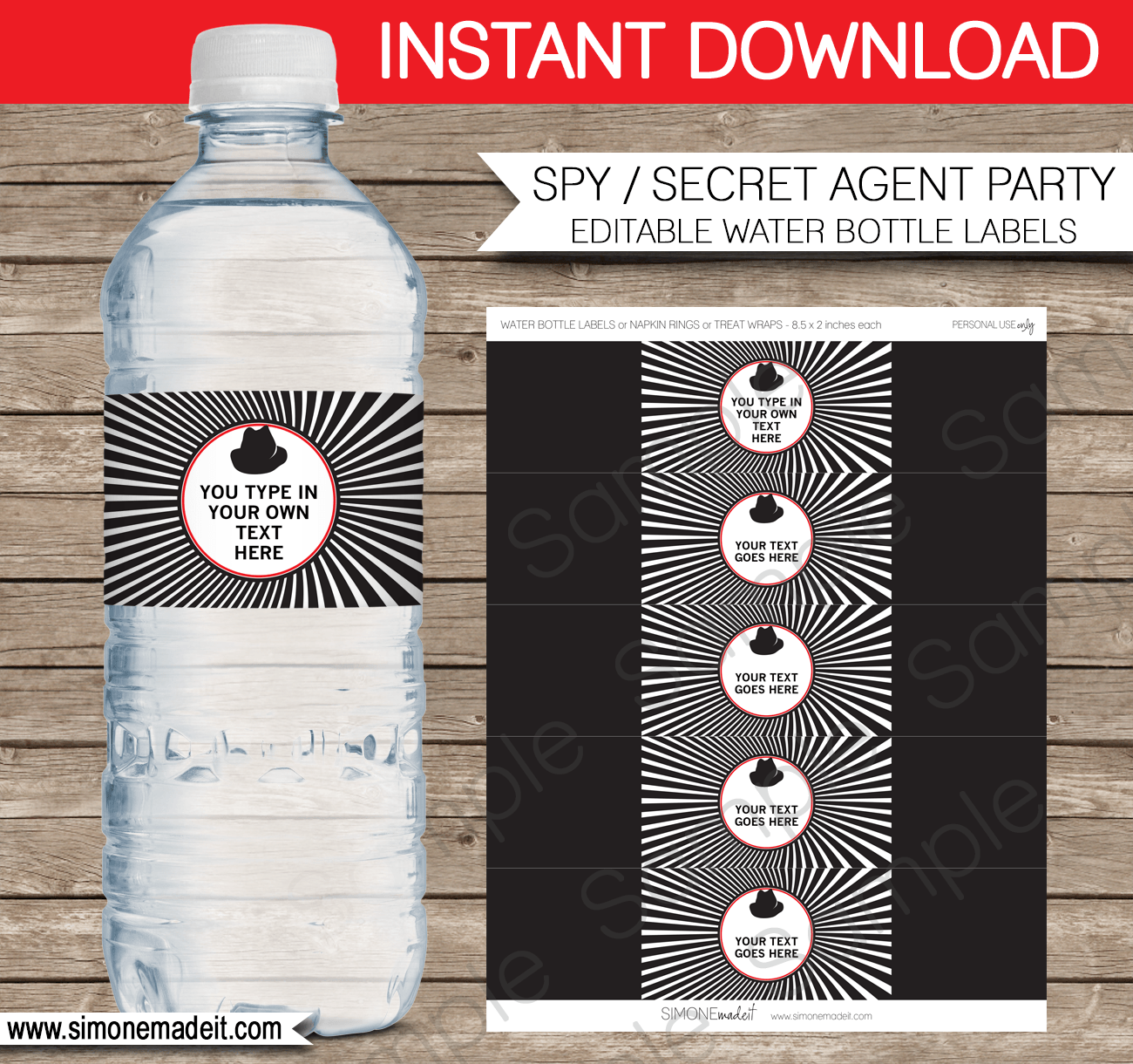 Printable Spy Water Bottle Labels Template | Secret Agent Birthday Party Decorations | DIY Editable Text | $3.00 INSTANT DOWNLOAD via SIMONEmadeit.com