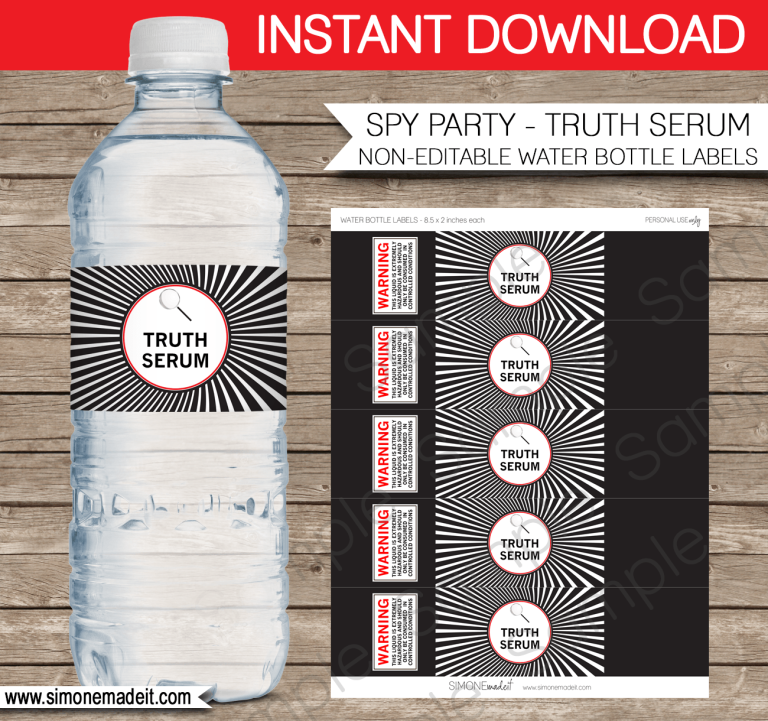 Spy Party Water Bottle Labels Template Printable Truth Serum Labels