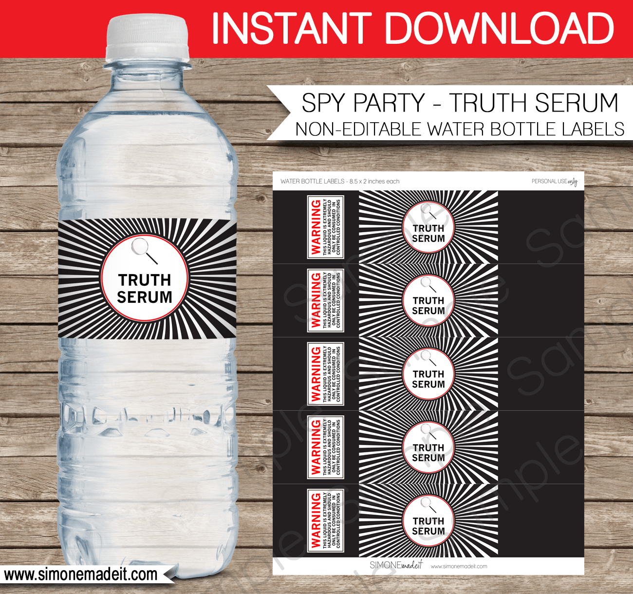 Printable Spy Party Water Bottle Labels Template | Truth Serum | Secret Agent Birthday Party | $3.00 INSTANT DOWNLOAD via SIMONEmadeit.com