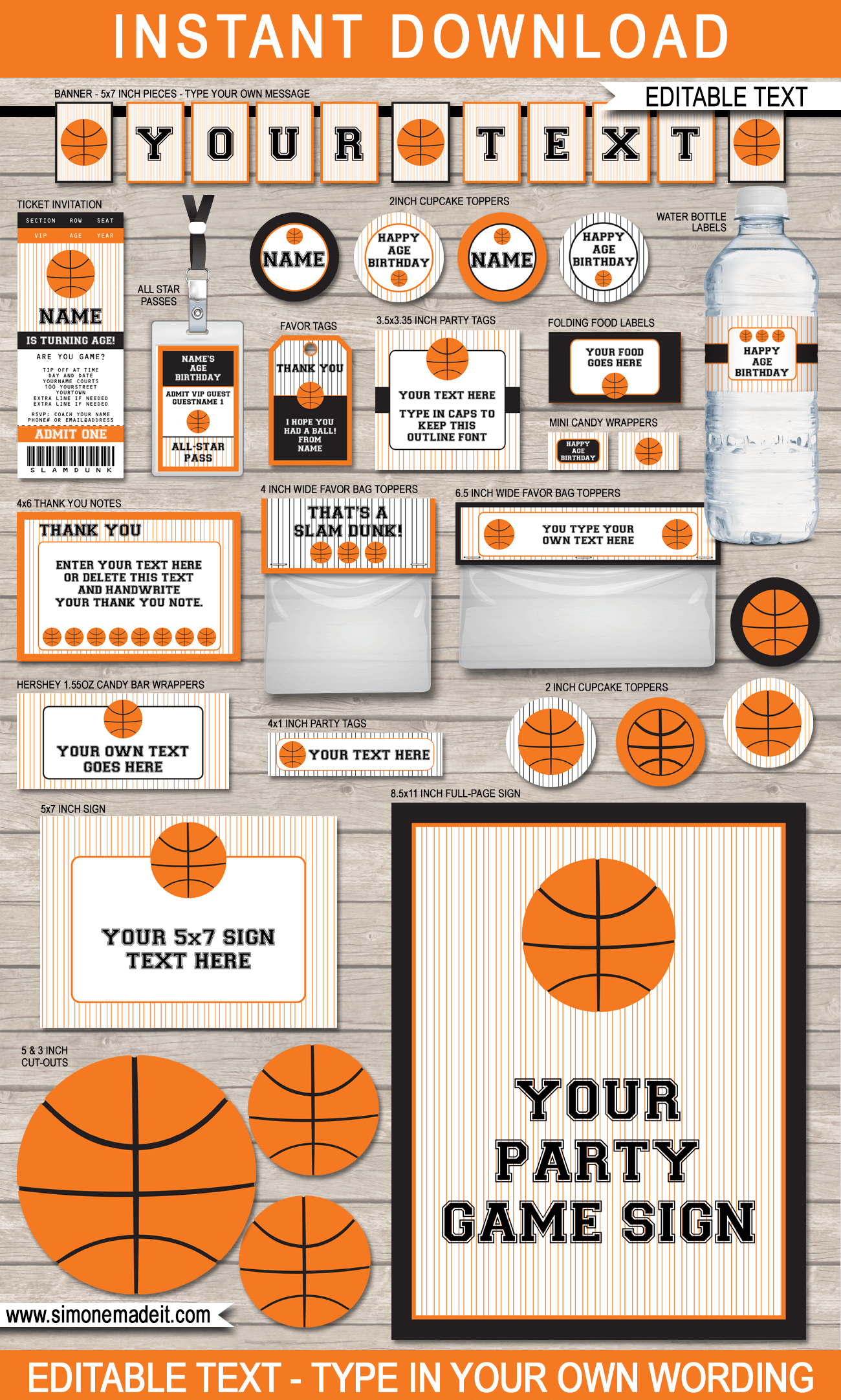 Full collection of Black and Orange Basketball Printables Invitations Decorations | Birthday Party Theme | Editable Templates | INSTANT DOWNLOAD $12.50 via simonemadeit.com