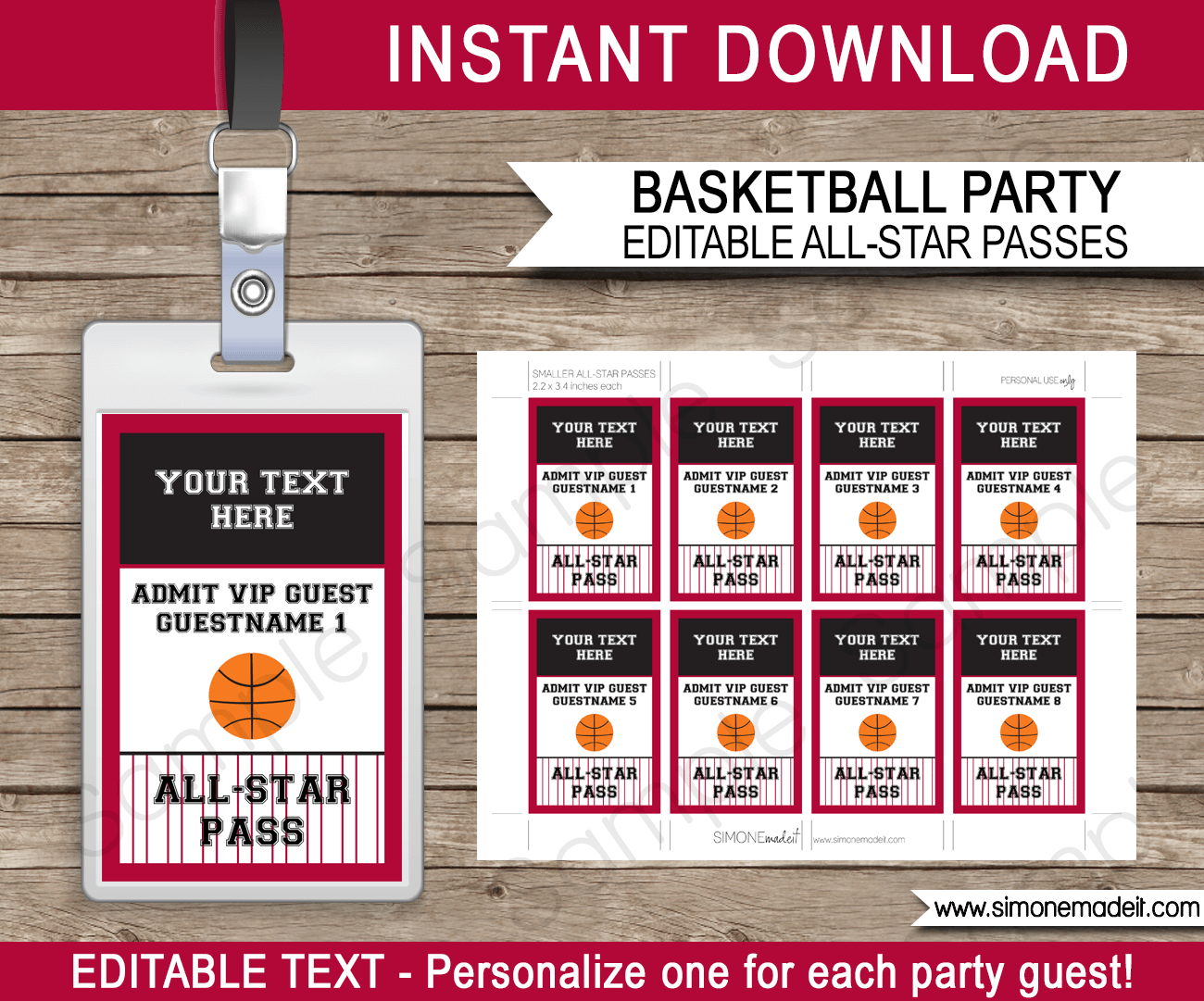 Black and Crimson Basketball VIP Pass Template | All Star Passes | Birthday Party | Editable & Printable Template | $3.00 INSTANT DOWNLOAD via simonemadeit.com