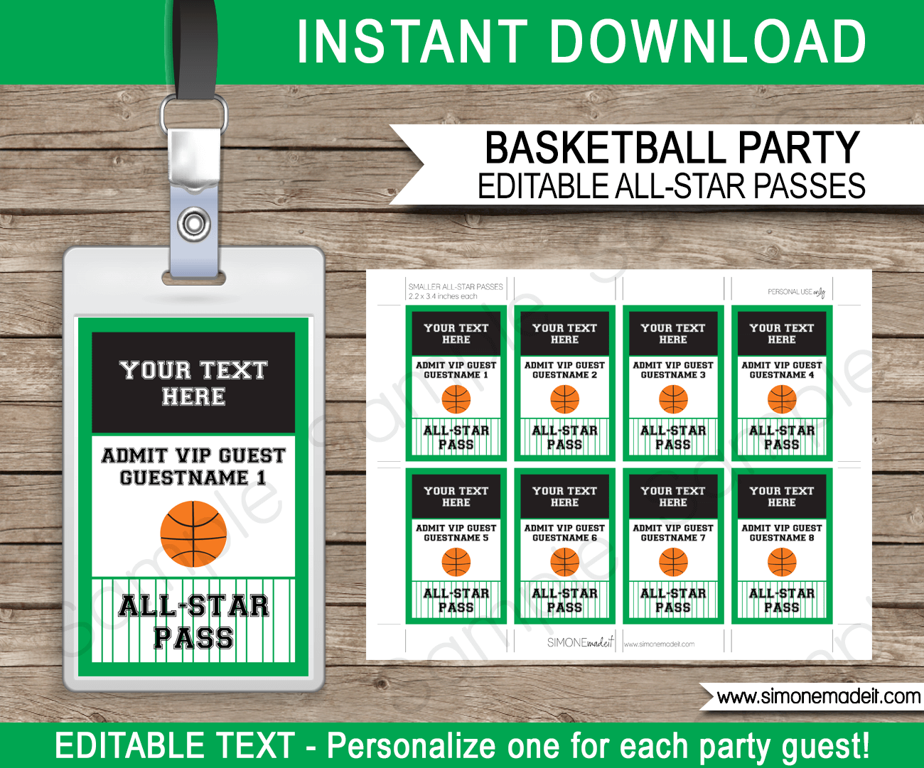 Black and Green Basketball VIP Pass Template | All Star Passes | Birthday Party | Editable & Printable Template | $3.00 INSTANT DOWNLOAD via simonemadeit.com