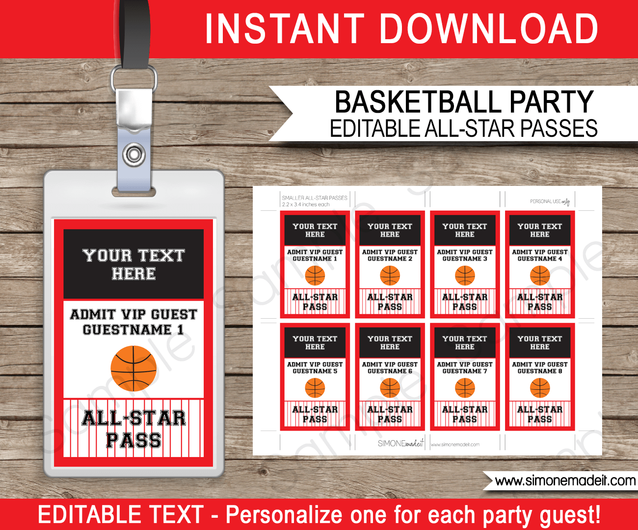 Black and Red Basketball VIP Pass Template | All Star Passes | Birthday Party | Editable & Printable Template | $3.00 INSTANT DOWNLOAD via simonemadeit.com