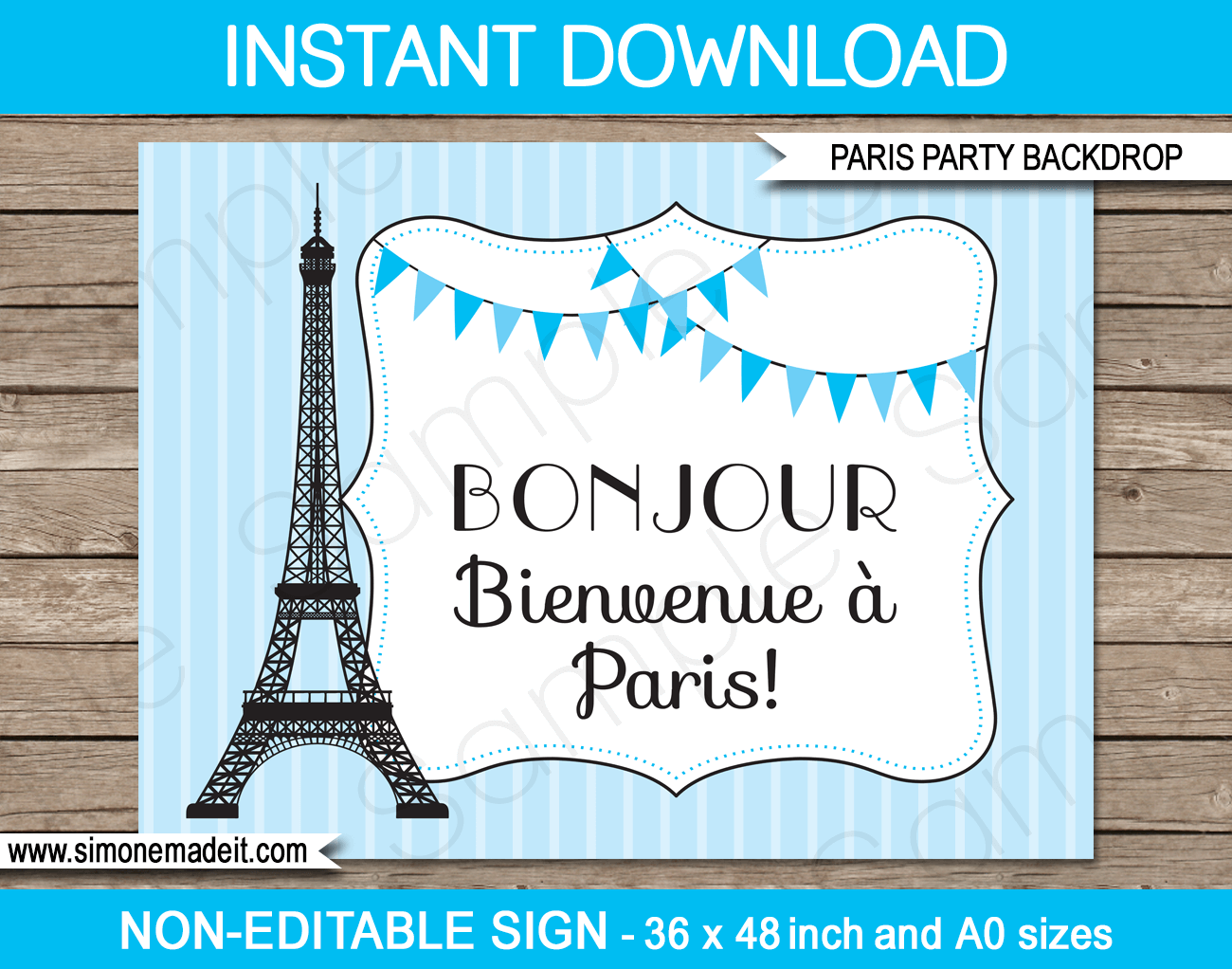 Blue Paris Party Sign Backdrop - Bonjour Bienvenue a Paris | Printable DIY Template | Party Decorations | 36x48 inches | A0 | $4.50 Instant Download via SIMONEmadeit.com
