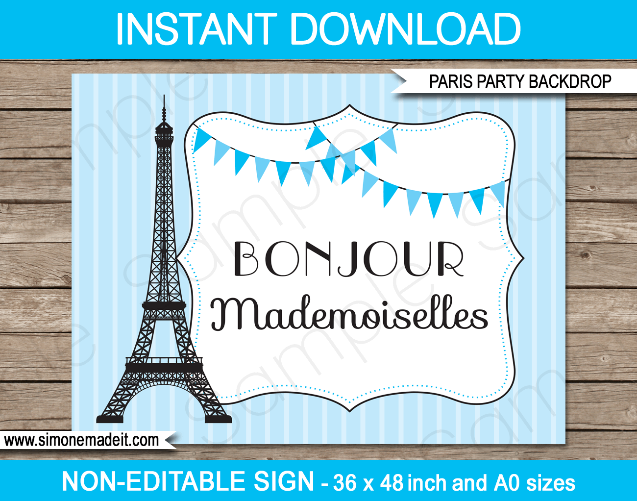 Blue Paris Party Backdrop - Bonjour Mademoiselles | Printable DIY Template | Party Decorations | 36x48 inches | A0 | $4.50 Instant Download via SIMONEmadeit.com