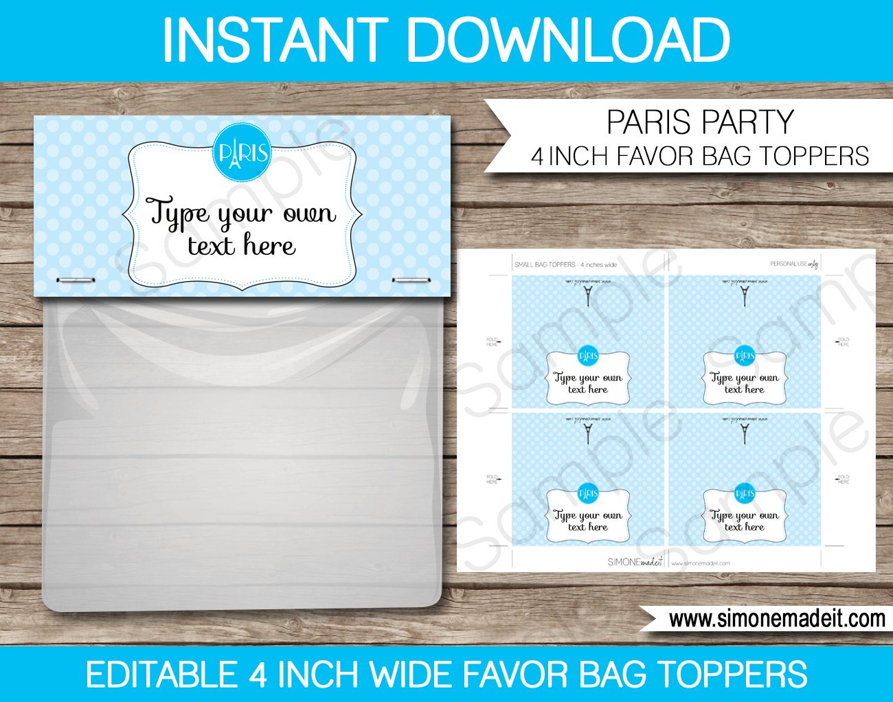 Blue Paris Favor Bag Toppers | Birthday Party | Baby Shower | Editable DIY Template | $3.00 INSTANT DOWNLOAD via SIMONEmadeit.com