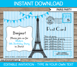 Blue Paris Birthday Party Invitations Template | Printable Paris ...