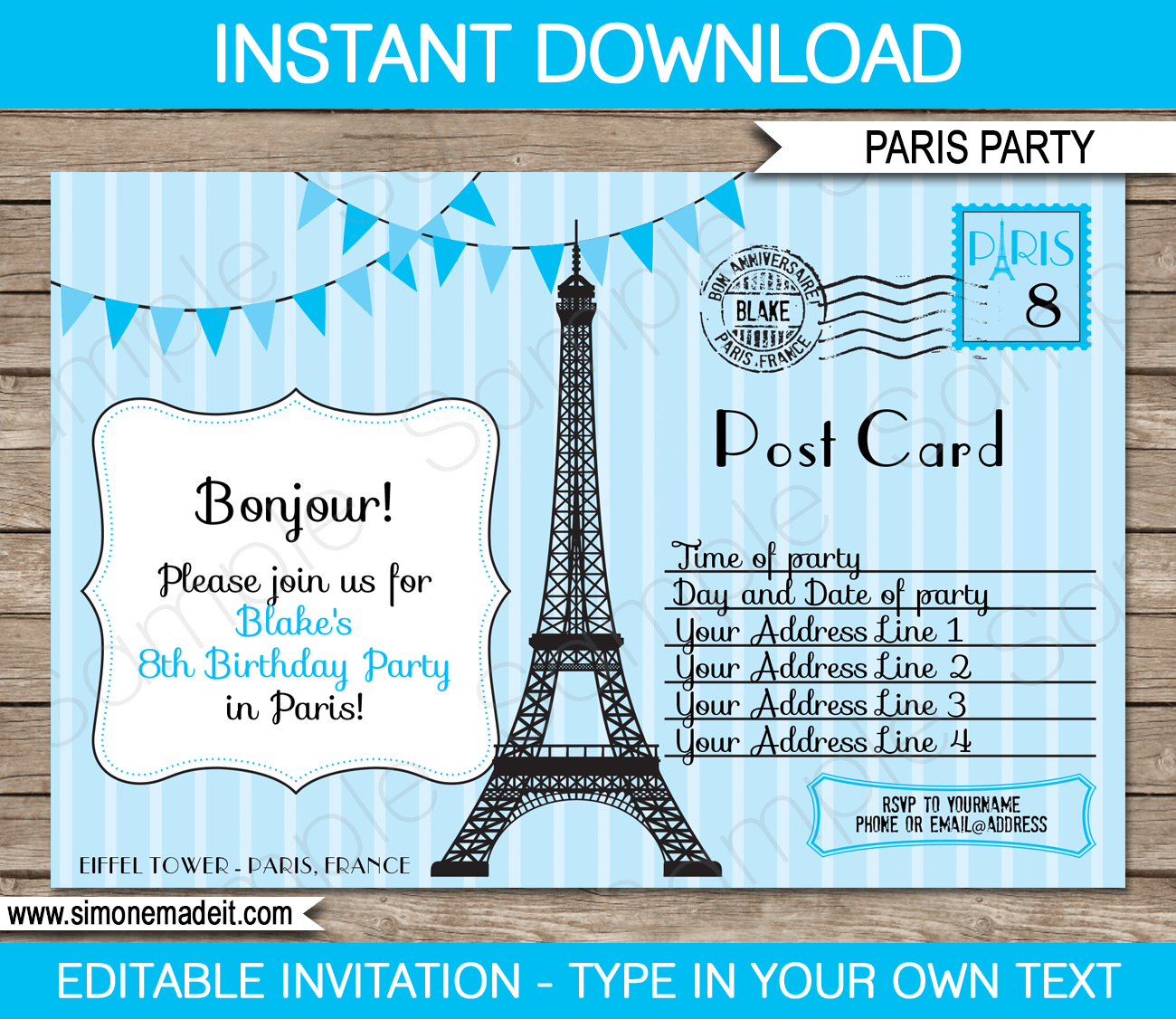 Blue Paris Birthday Party Invitations | Postcard to Paris | Editable & Printable Template | $7.50 INSTANT DOWNLOAD via simonemadeit.com 