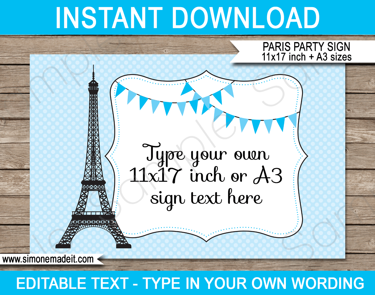 Blue Paris Party Sign | Party Decorations | Editable & Printable DIY Template | Ledger 11x17 inches | A3 | $4.00 via SIMONEmadeit.com