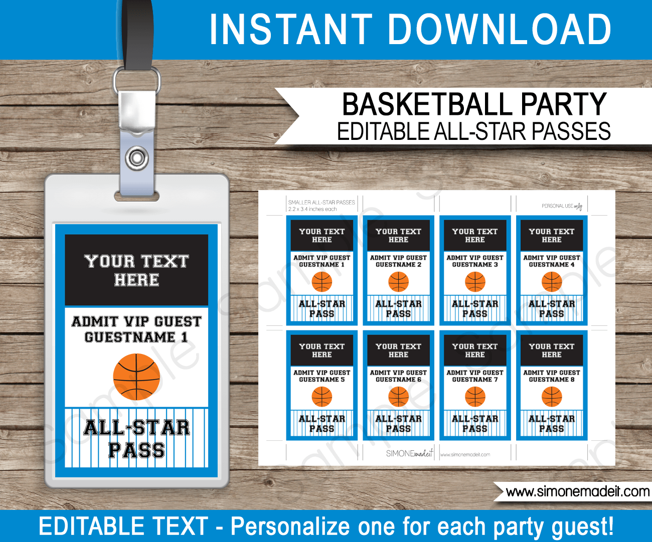 Black and Blue Basketball VIP Pass Template | All Star Passes | Birthday Party | Editable & Printable Template | $3.00 INSTANT DOWNLOAD via simonemadeit.com