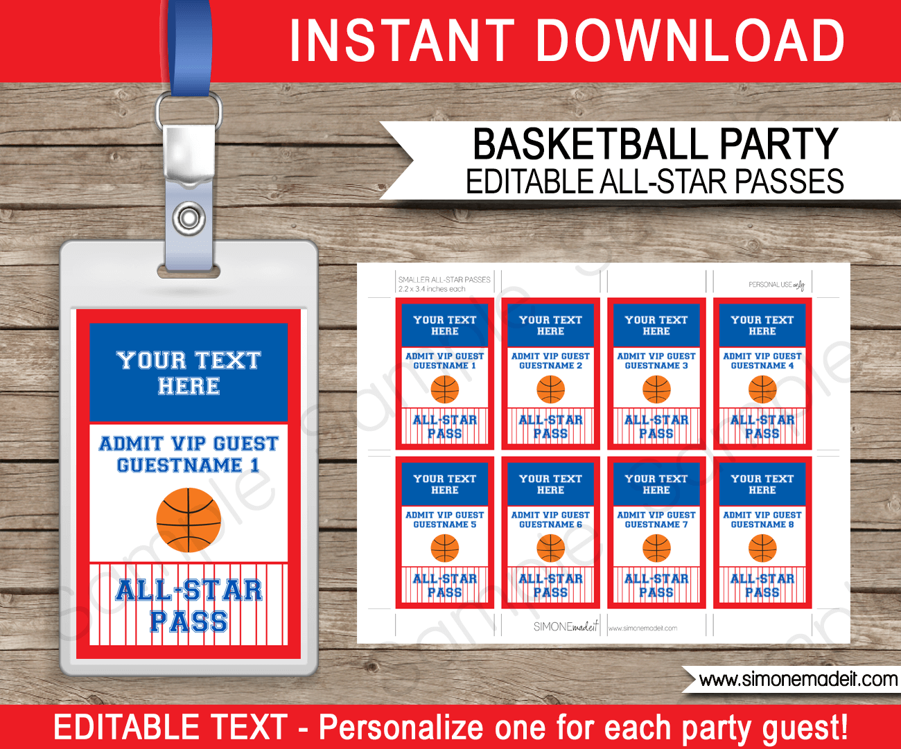 Navy Blue and Red Basketball VIP Pass Template | All Star Passes | Birthday Party | Editable & Printable Template | $3.00 INSTANT DOWNLOAD via simonemadeit.com