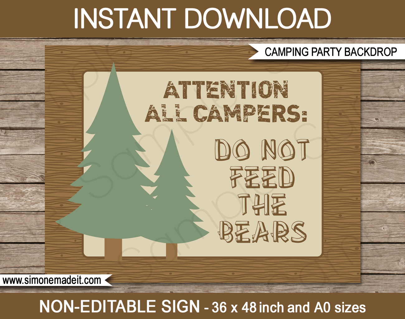 Printable Camping Party Sign Backdrop - Do not Feed the Bears | DIY Template | Party Decorations | 36x48 inches | A0 | $4.50 Instant Download via SIMONEmadeit.com