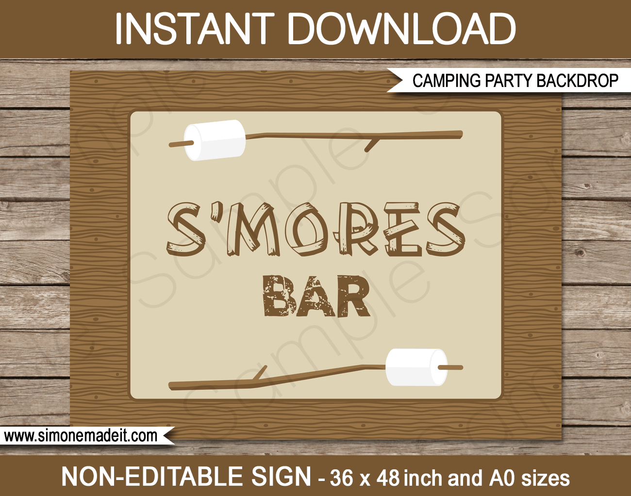 Printable Camping Party S'mores Bar Backdrop | DIY Template | Party Decorations | 36x48 inches | A0 | $4.50 Instant Download via SIMONEmadeit.com