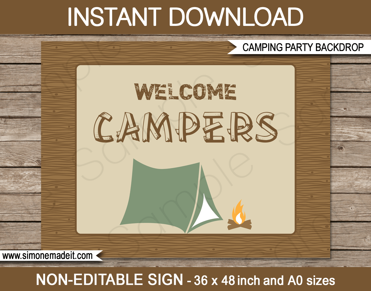 Camping Party  Backdrop - Welcome Campers | Printable DIY Template | Party Decorations | 36x48 inches | A0 | $4.50 Instant Download via SIMONEmadeit.com