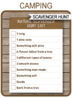 Camping Scavenger Hunt List Printable template for kids