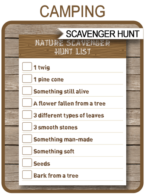 Camping Scavenger Hunt List Printable template for kids