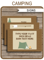 Camping Party Signs | Editable & Printable DIY Templates | Party Decorations | Tabloid / Ledger 11x17 inches | A3 | $4.00 Instant Download via SIMONEmadeit.com