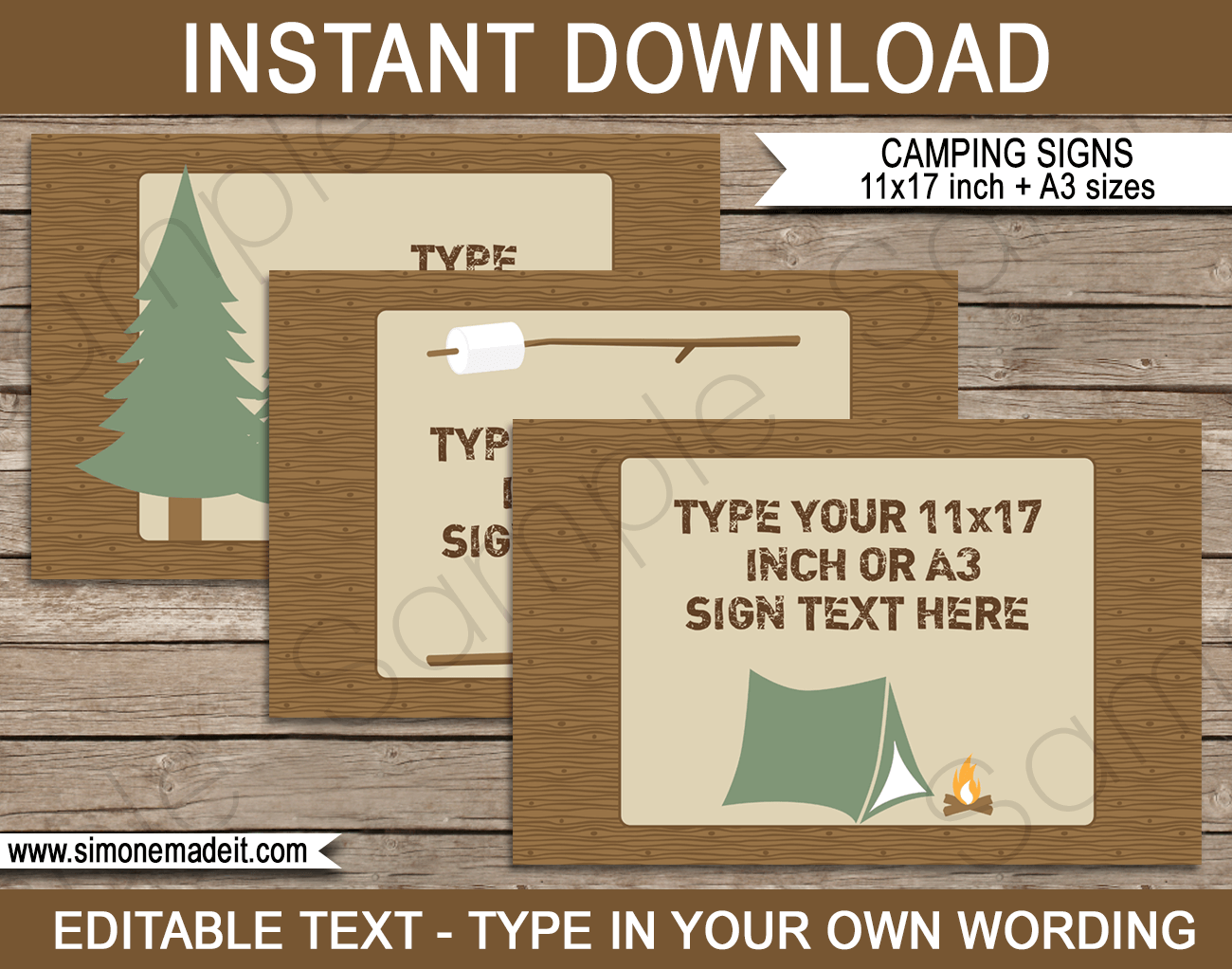 Printable Camping Party Signs | Editable & DIY Templates | Party Decorations | Tabloid / Ledger 11x17 inches | A3 | $4.00 Instant Download via SIMONEmadeit.com