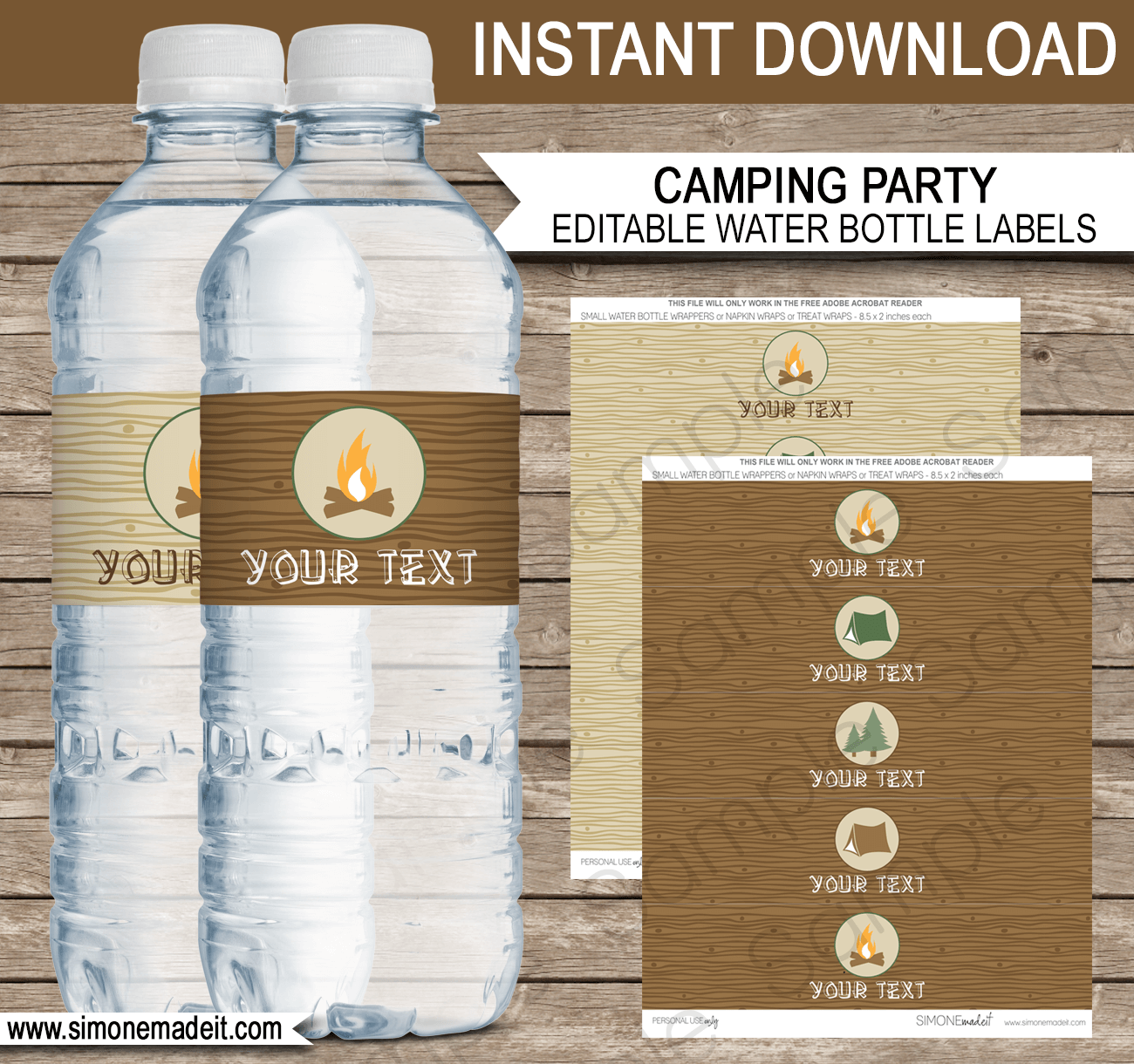 Camping Party Water Bottle Labels | Birthday Party | Editable DIY Template | $3.00 INSTANT DOWNLOAD via SIMONEmadeit.com